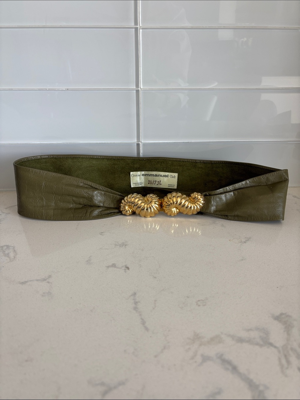 Vintage Emmanuel Olive Leather Waist Belt with Gold Rope-Style Buckle